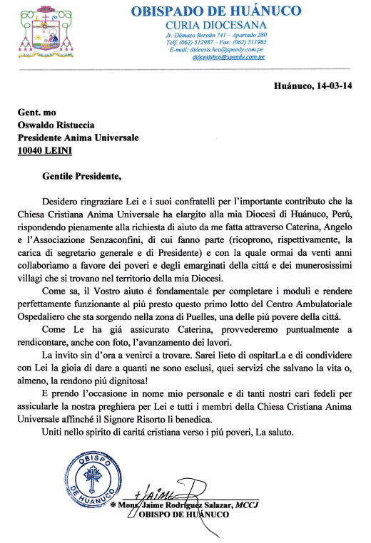 Lettera di ringraziamento di Sua Eccellenza